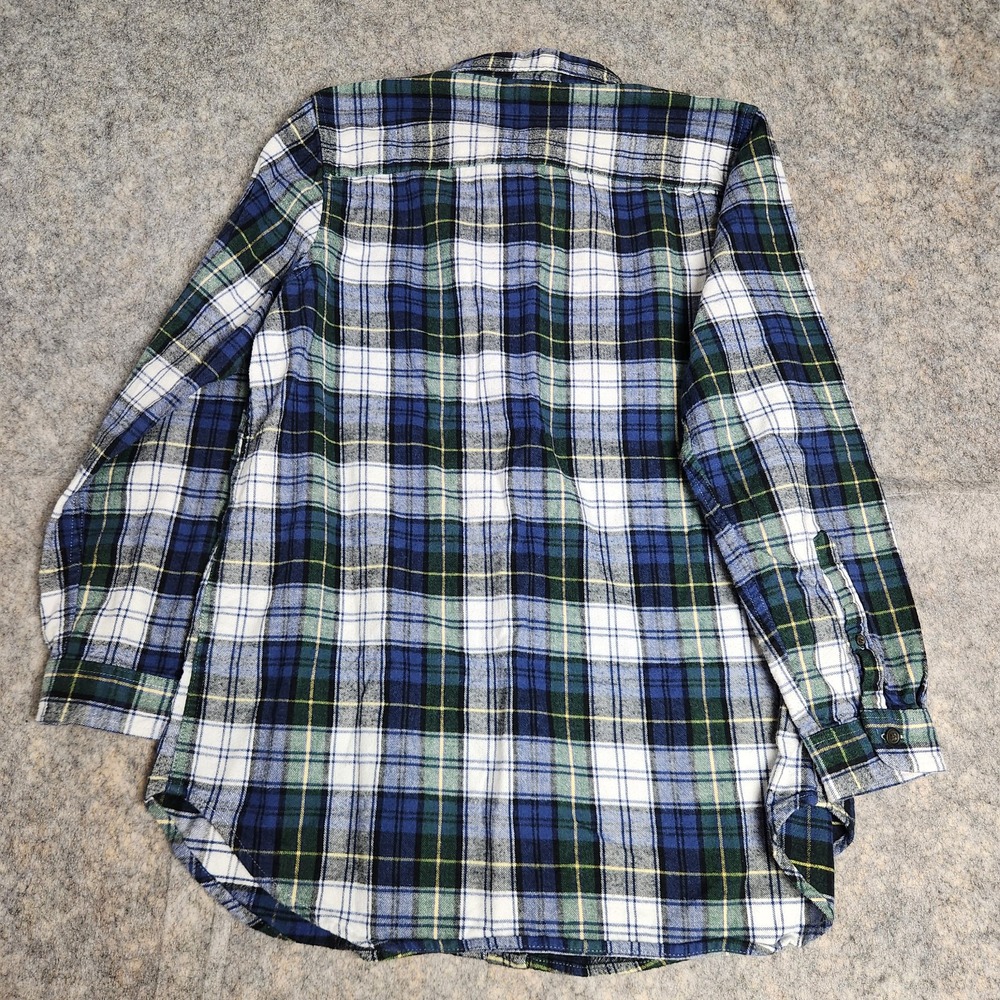 LL Bean Flannel Tunic Shirt Women M Blue Green Scotch Plaid Relaxed Fit Button - Picture 2 of 7